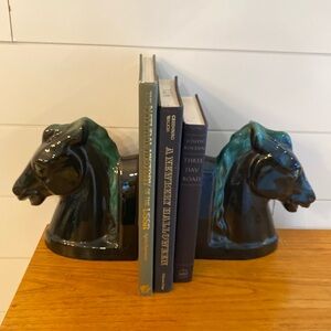 Blue Mountain Pottery Horse Head Bookends Canadian Mid-Century Green Drip Glaze